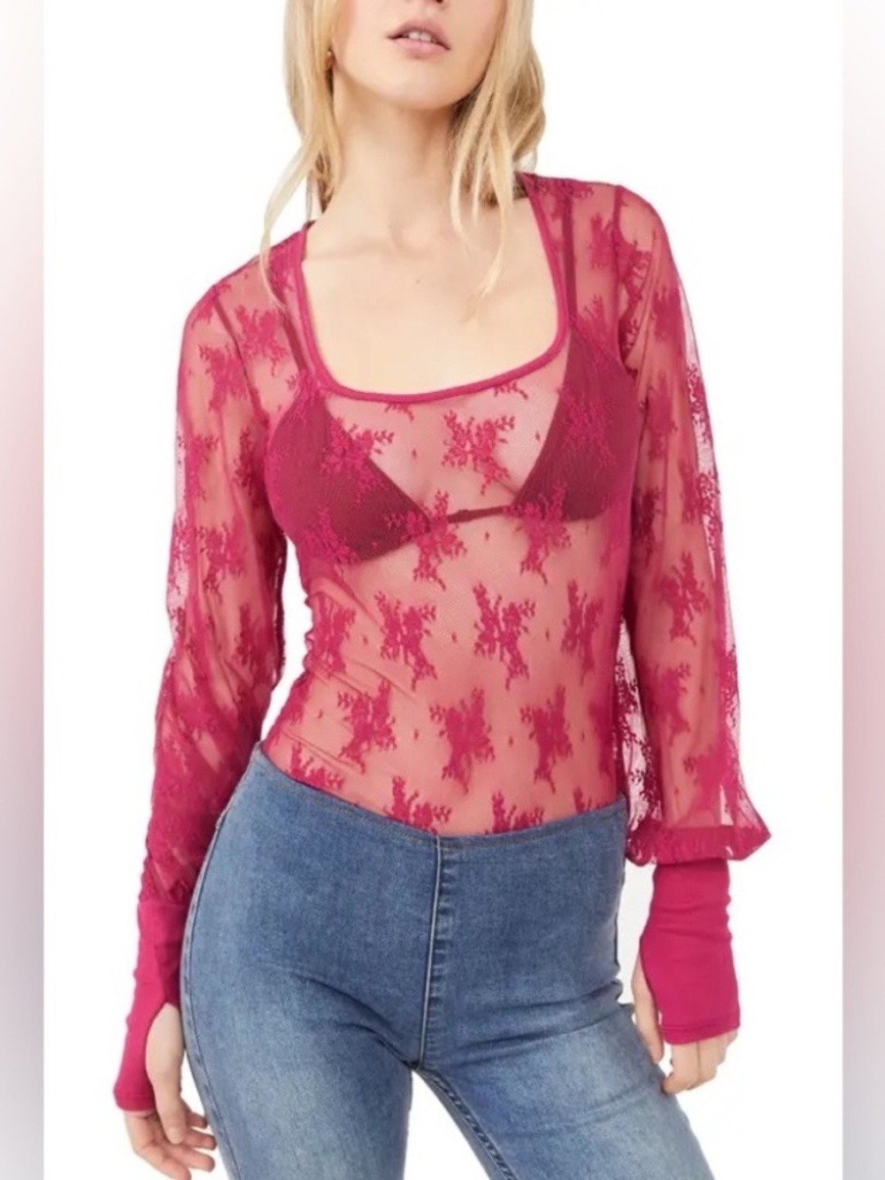 Free People Intimately U Into This Long Sleeve Top Lace Sheer Rose Hypnotic XS